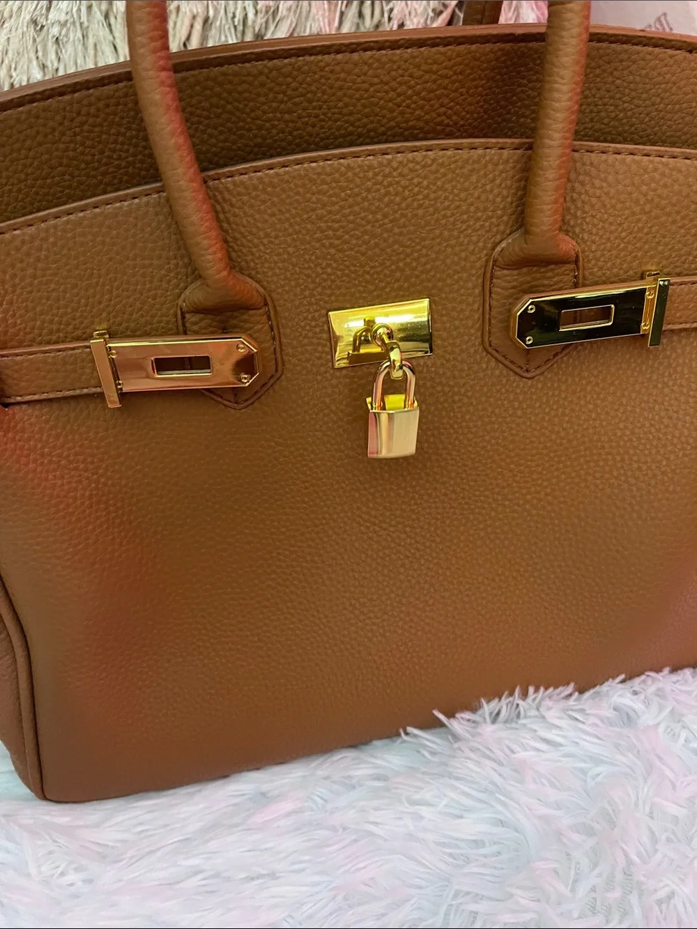 Classic Tan Leather Satchel Handbag with Gold Hardware